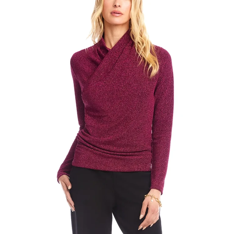 Karen Kane Petite Long Sleeve Metallic Crossover Side Shirred Top