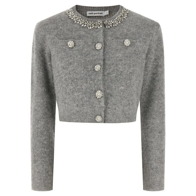 self-portrait grey Fluffy Crystal Trim Cardigan