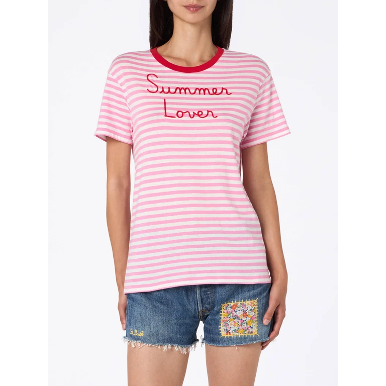 MC2 Saint Barth Striped Emilie Cotton T-shirt With Summer Lover Embroidery