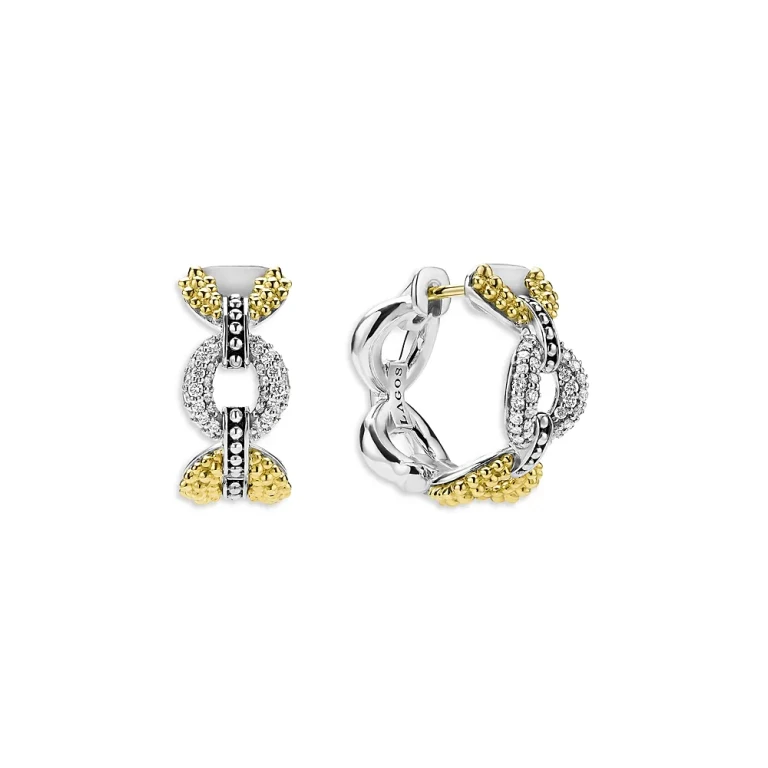 Lagos 18K Yellow Gold & Sterling Silver Caviar Lux Diamond Link Hoop Earrings