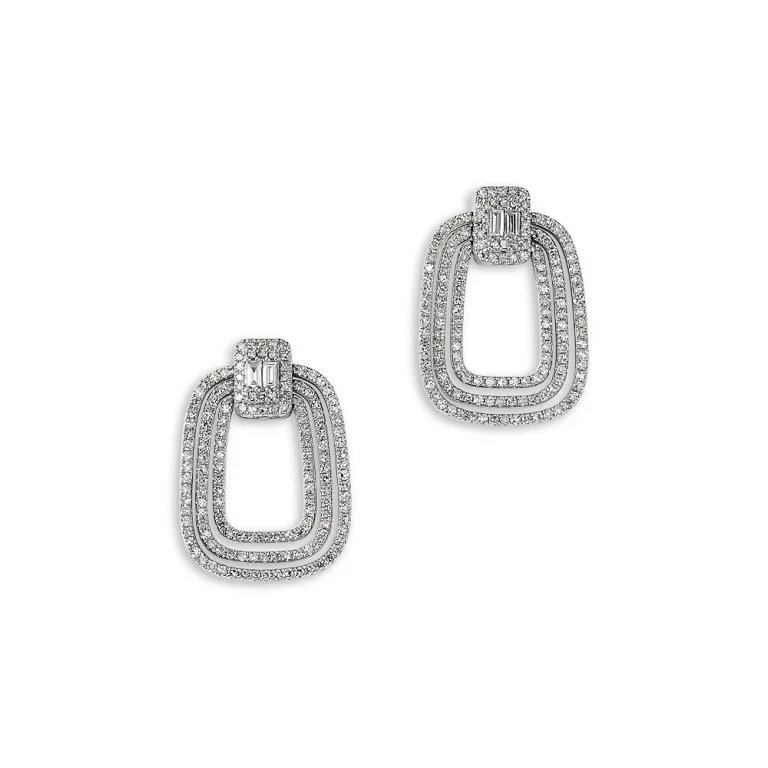 Diamond Round & Baguette Geometric Oval Drop Earrings in 14K White Gold, 1.0 tcw
