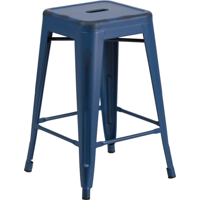 Distressed Blue Metal Counter Height Stool
