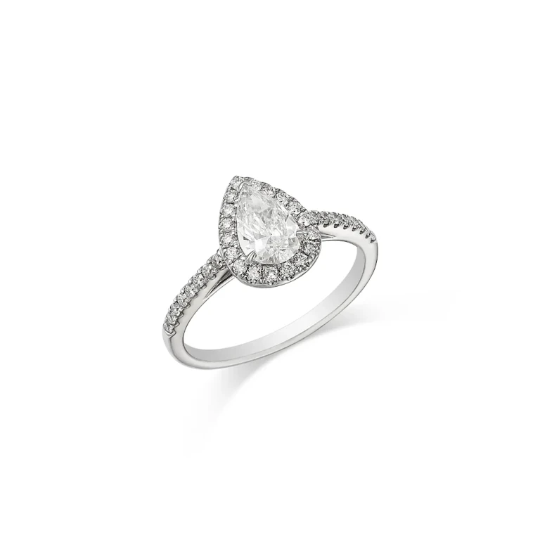 Certified Diamond Pear & Round Halo Ring in 18K White Gold, 0.88 tcw
