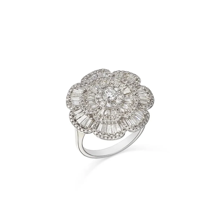 Diamond Round & Baguette Flower Ring in 14K White Gold, 1.50 tcw