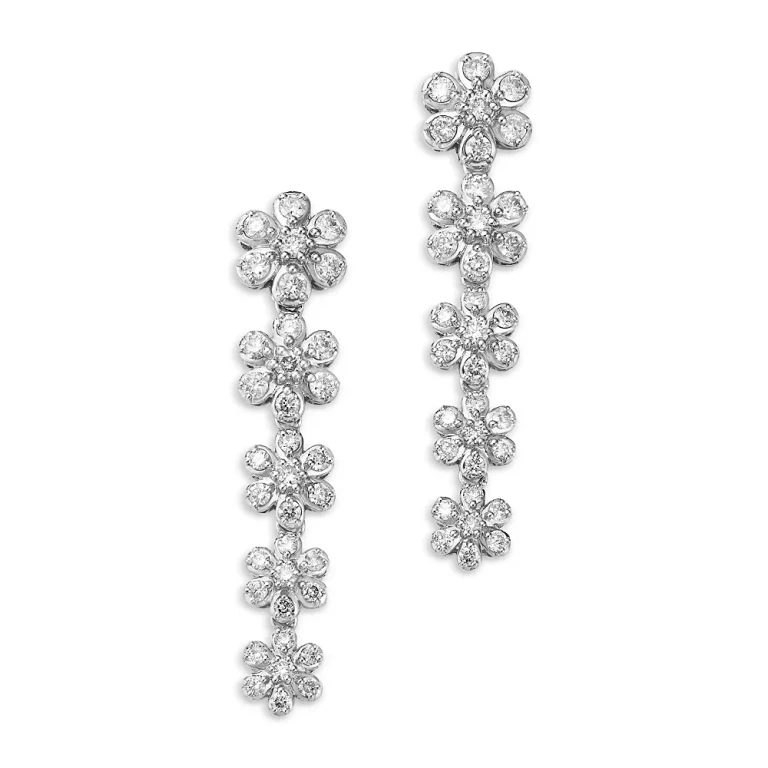 Diamond Flower Drop Earrings in 14K White Gold, 1.0 tcw