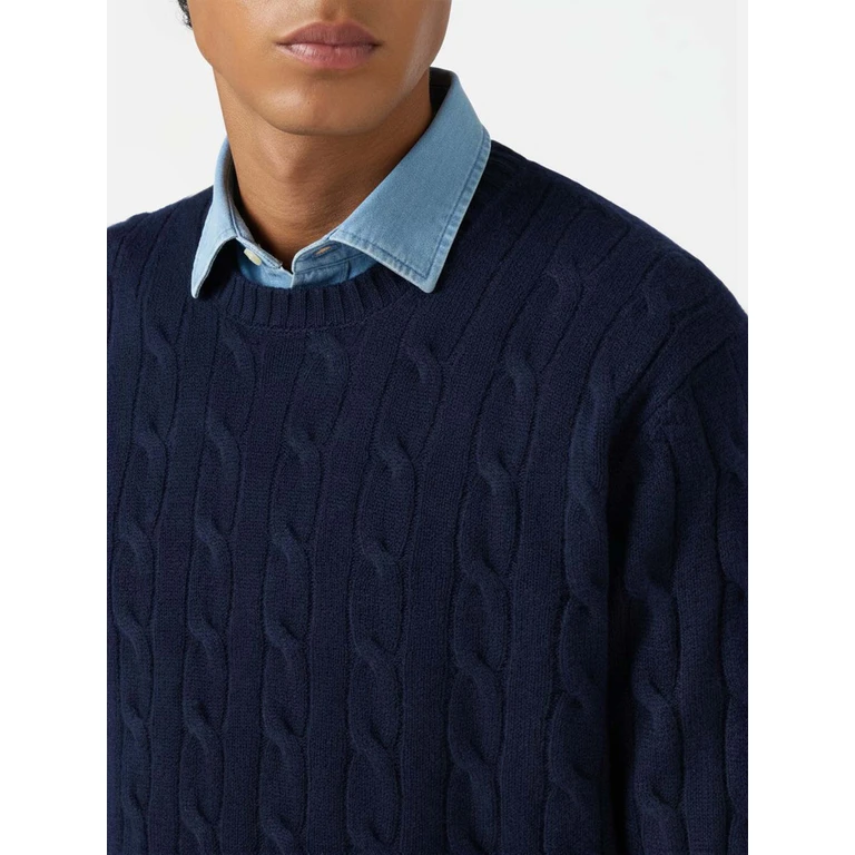 Mc2 Saint Barth Crewneck Cable-Knit Sweater Regent Navy Wool Blue - Men