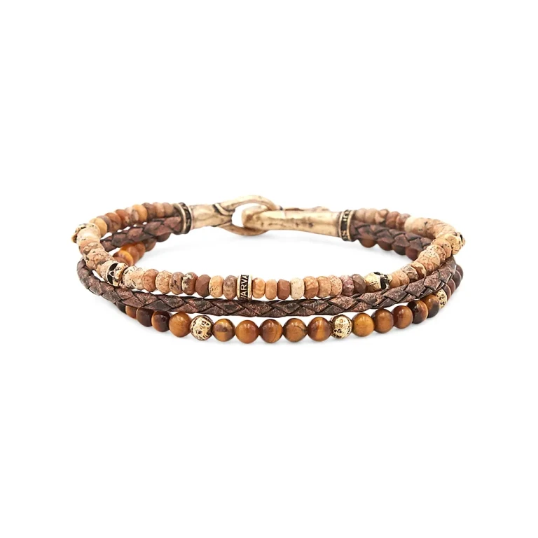 John Varvatos Men's Brass Skull Jasper, Tiger Eye, & Woven Leather Triple Strand Bracelet