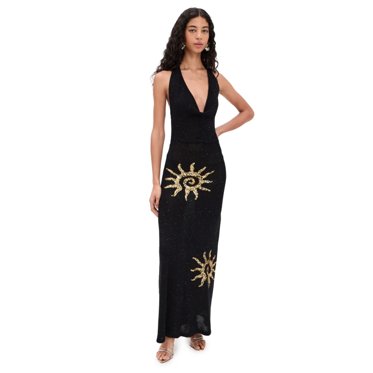 Runaway the Label Yasmina Plunge Cowl Knit Maxi Dress Black S