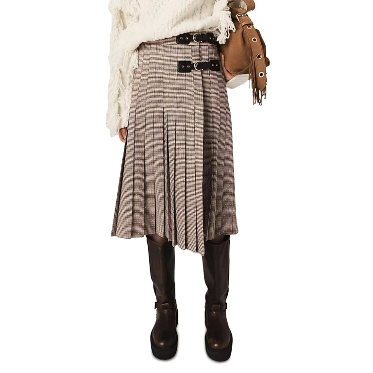 Maje Jeligora Houndstooth Pleated Skirt