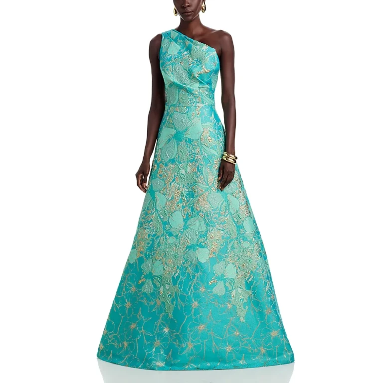 Teri Jon by Rickie Freeman One Shoulder Metallic Jacquard Gown