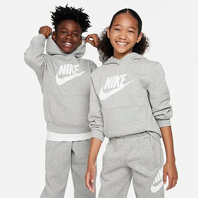 Nike Big Kids Sportswear Club Fleece Pullover Hoodie in Dark Grey Heather/White Size: XS