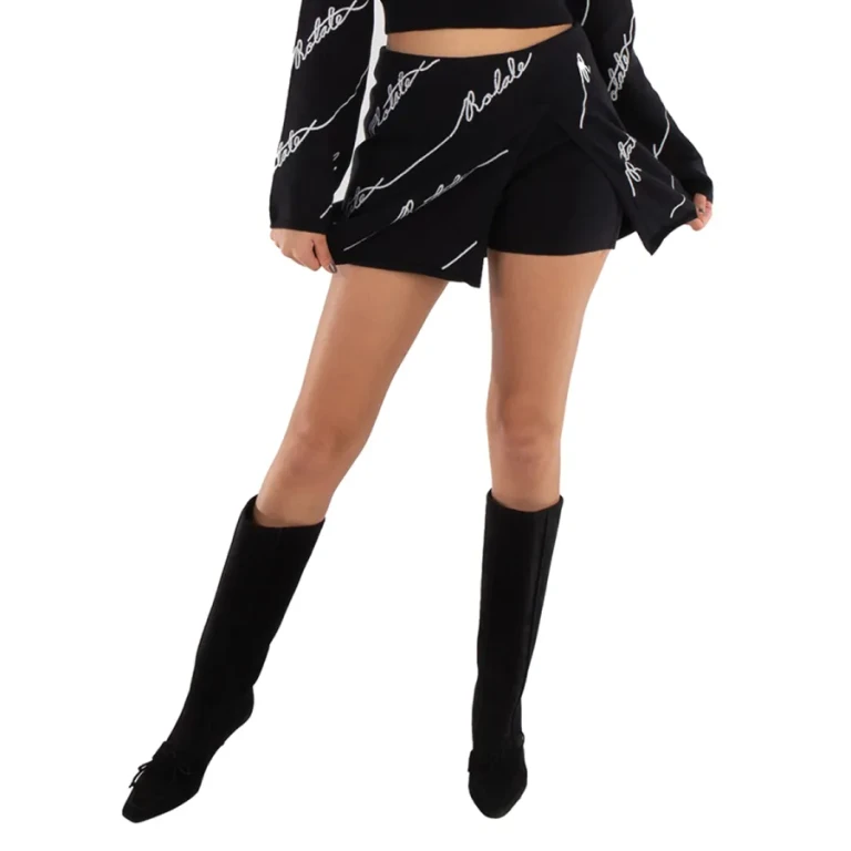 Rotate Ladies Black Sequin Logo Mini Skirt