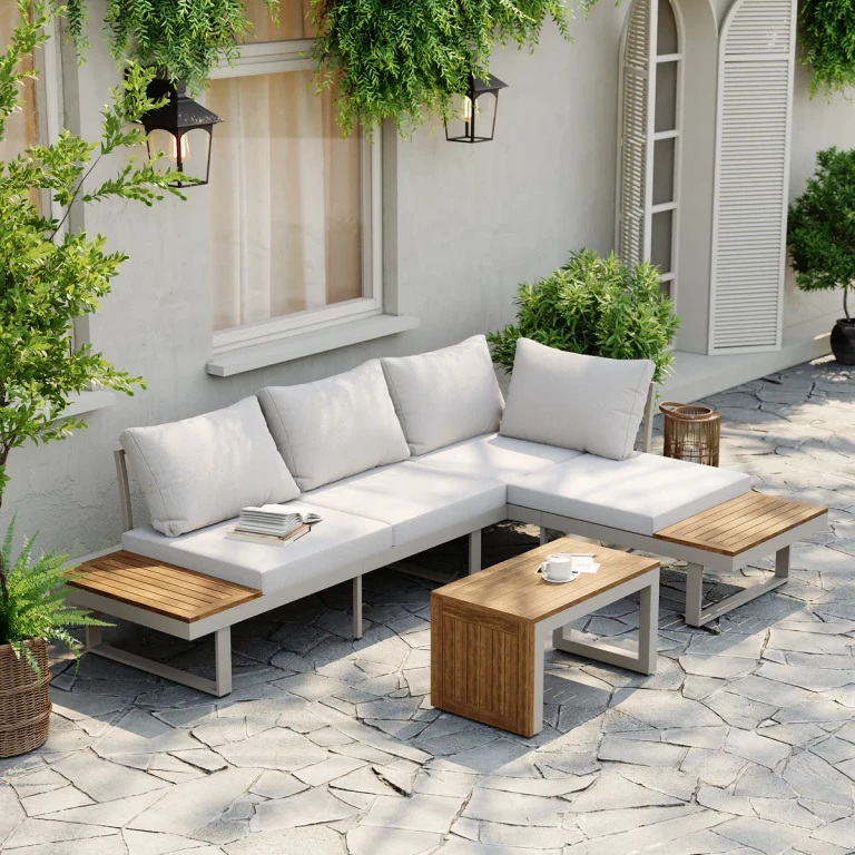 Slatera 4 Seater Modular Outdoor Acacia Sectional Sofa Set with Cushion and Table, 3 PCS Versatile L-Shaped Garden Lounge Sofa Patio Furniture Set