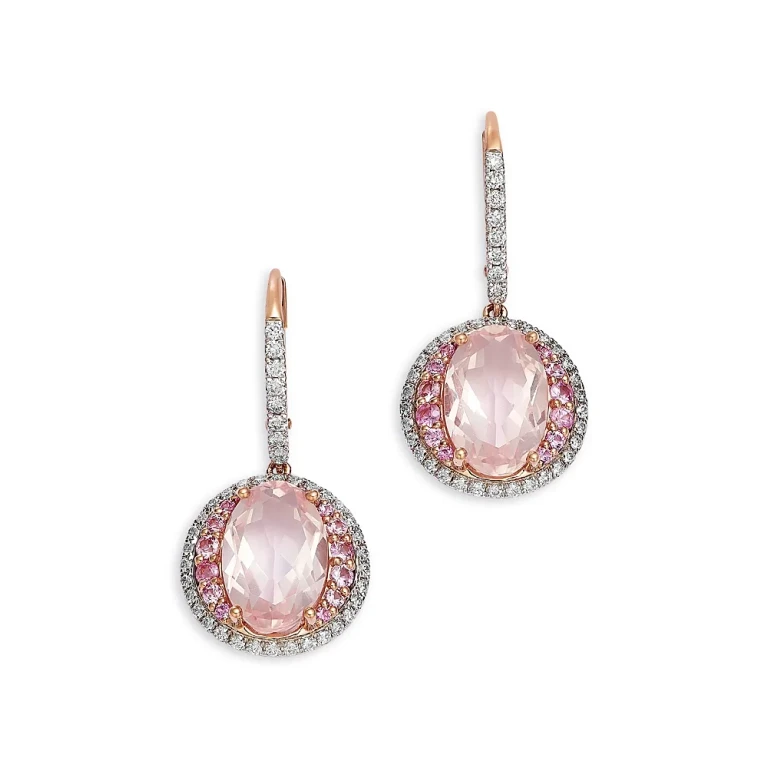 Fine Collection Rose Quartz, Pink Sapphire & Diamond Halo Drop Earrings in 14K Rose Gold
