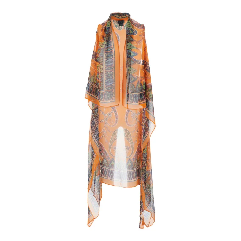 Etro Orange Sleeveless Vest With All-over Print In Silk For Women