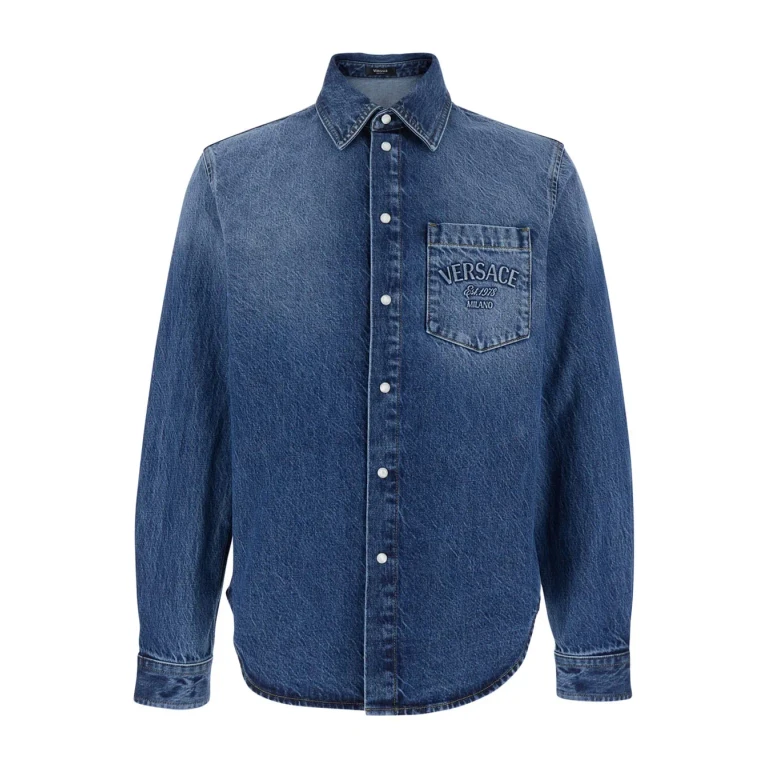 Versace Blue Shirt With Lettering Logo Embroidered On The Chest In Denim Man