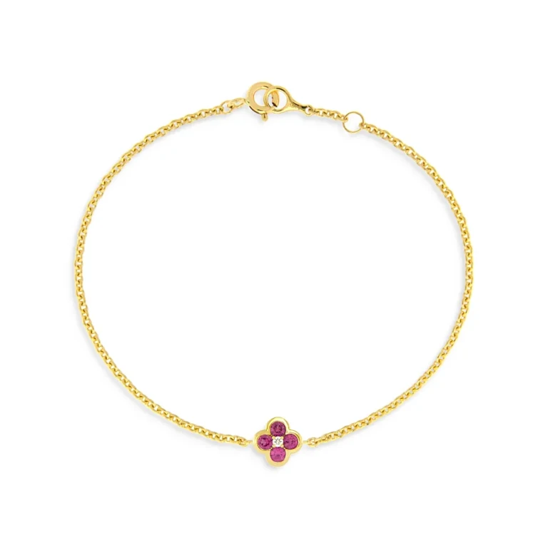 Pink Sapphire & Diamond Bezel Clover Chain Link Bracelet in 14K Yellow Gold