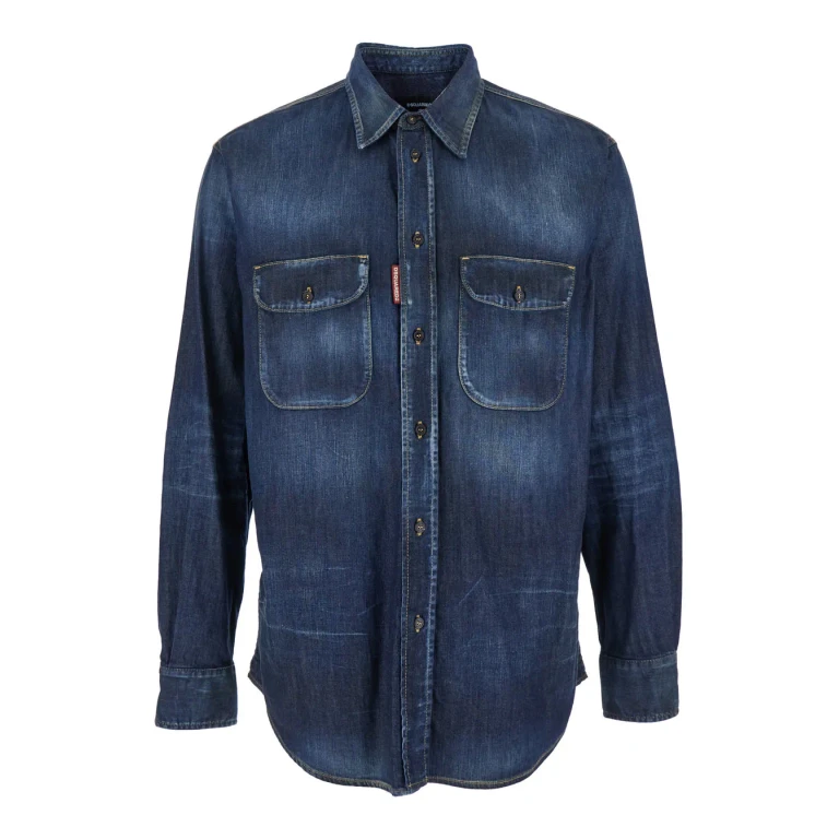 Dsquared2 Blue Shirt With Pointed Collar And Elbow Patches In Denim Man
