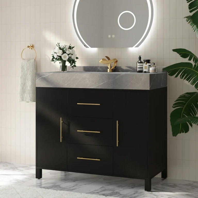 39.3" Floating Bathroom Vanity Cultured Marble Top Bathroom Cabinet Walnut with Sink
