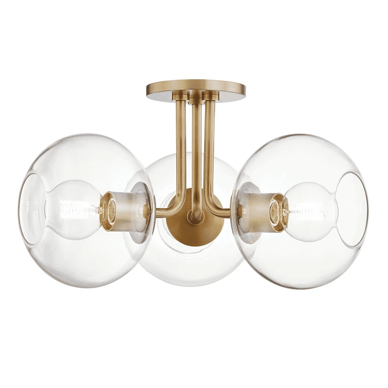 Aged Brass Three Light Semi Flush Mount from the Margot Collection