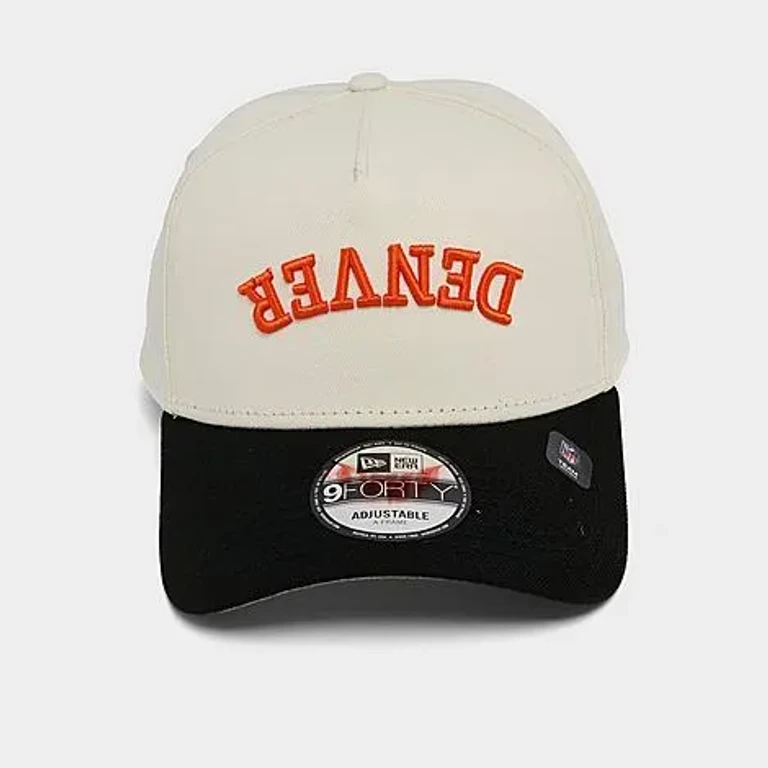 Denver Broncos NFL 9FORTY A-Frame Upside Down Wordmark Snapback Hat in Chrome/Black/Orange