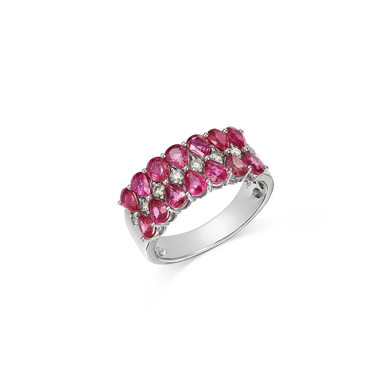 Ruby & Champagne Diamond Triple Row Ring in 14K White Gold