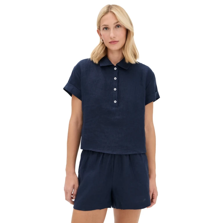 perfectwhitetee Tabitha Linen 1/4 Button Down Collared Tee Navy S