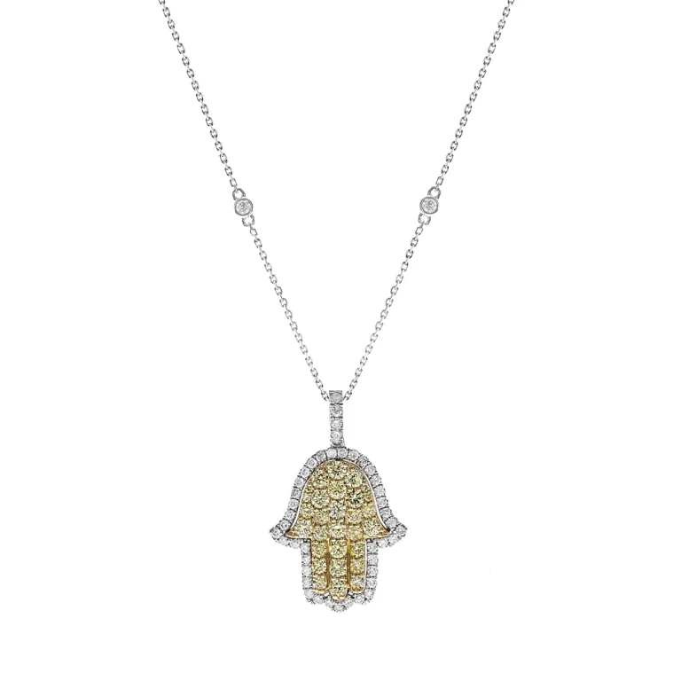 White & Yellow Diamond Hamsa Pendant Necklace in 14K Yellow & White Gold, 1.35 tcw