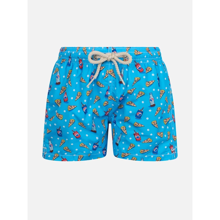 Mc2 Saint Barth Boy Lightweight Fabric Swim-Shorts Jean Lighting With Pizza Print Blue Swimshort