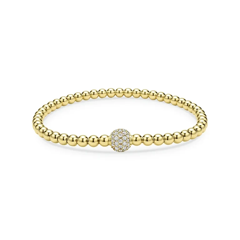 Lagos 18K Yellow Gold Caviar Diamond Pave Ball Stretch Bracelet