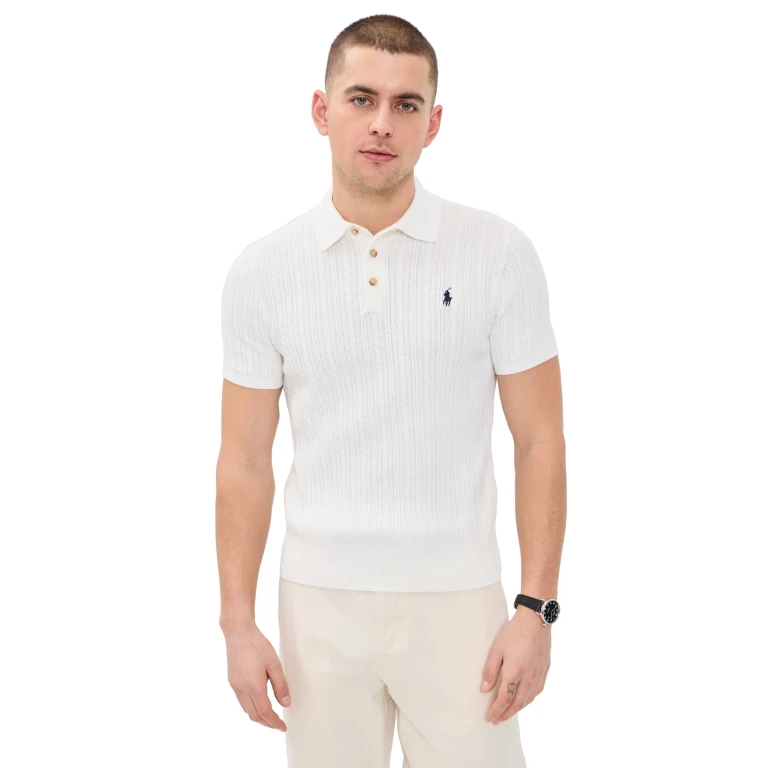 Polo Ralph Lauren Short Sleeve Featherweight Cable Knit Sweater Deckwash White w/ Navy PP M