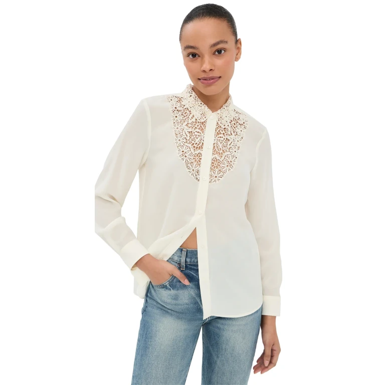 Nili Lotan Zola Lace Silk Shirt Ivory L