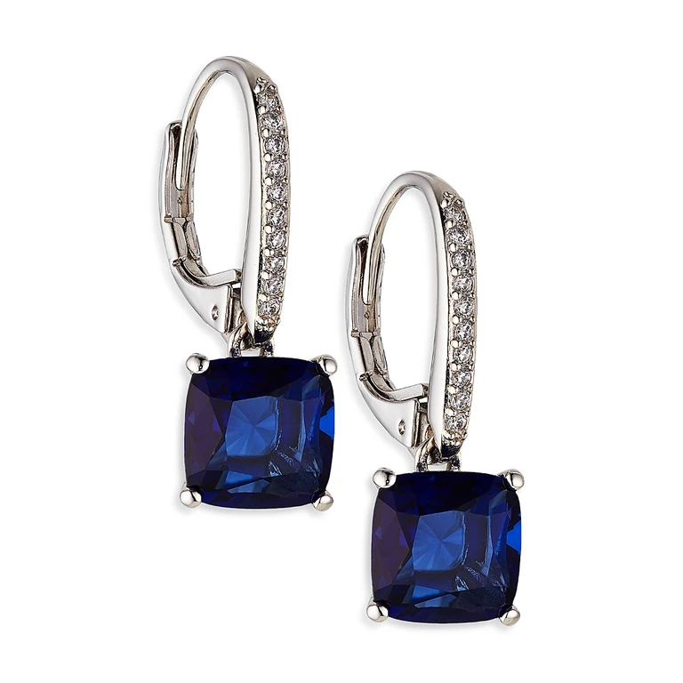 Nadri Modern Love Blue Cubic Zirconia Square Drop Earrings in Rhodium Plated