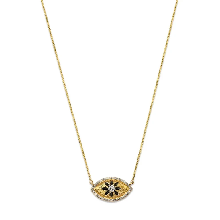 Diamond Evil Eye Flower Pendant Necklace in 14K Yellow Gold, 0.40 tcw