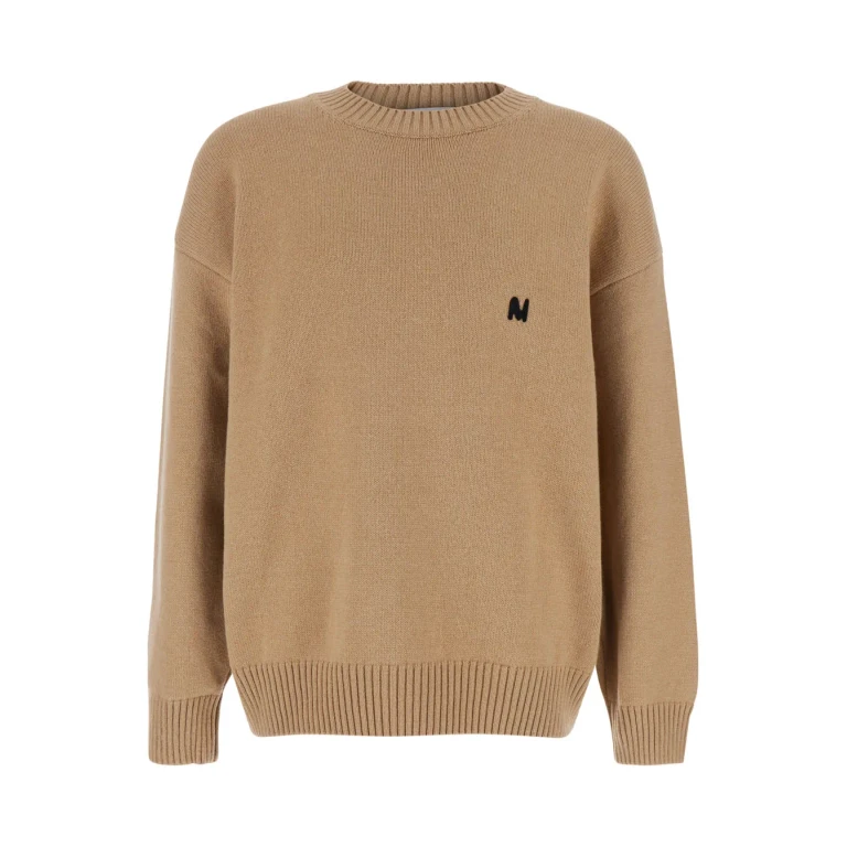 MSGM Beige Crew Neck Sweater With Front Logo In Wool Man