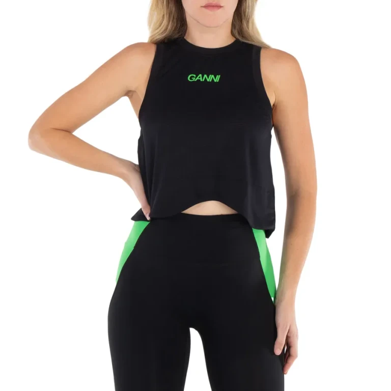 Ganni Black Active Logo Mesh Top