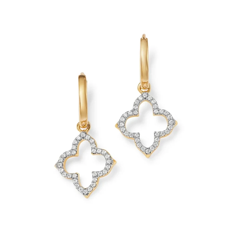Diamond Clover Charm Hoop Earrings in 14K Yellow Gold, 0.33 tcw