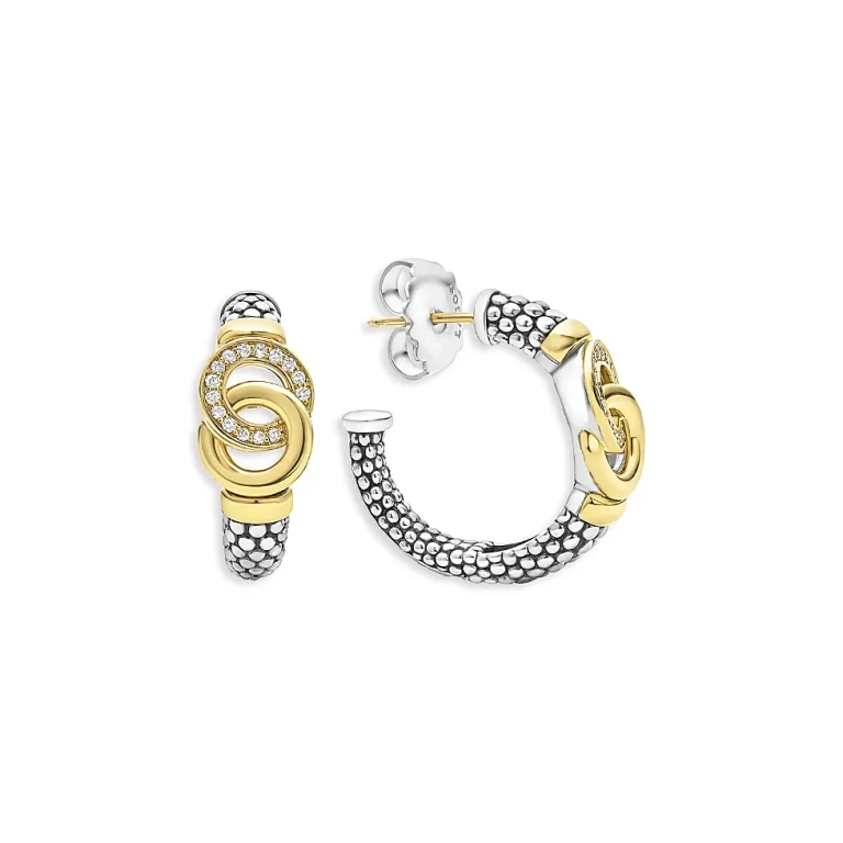 Lagos 18K Yellow Gold & Sterling Silver Signature Caviar Diamond Interlocking Hoop Earrings