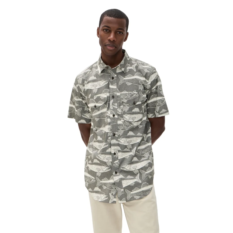 Filson Twin Lakes Short Sleeve Sport Shirt Beluga/Bold Fish Print XXL