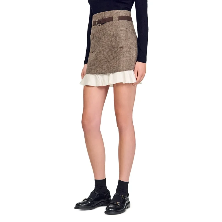 Sandro Frill Hem Belted Mini Skirt
