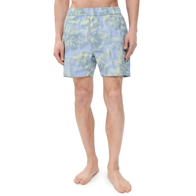 Maison Kitsuné Printed Seersucker Swim Shorts 5 Arctic Ice/Pastel Yellow L