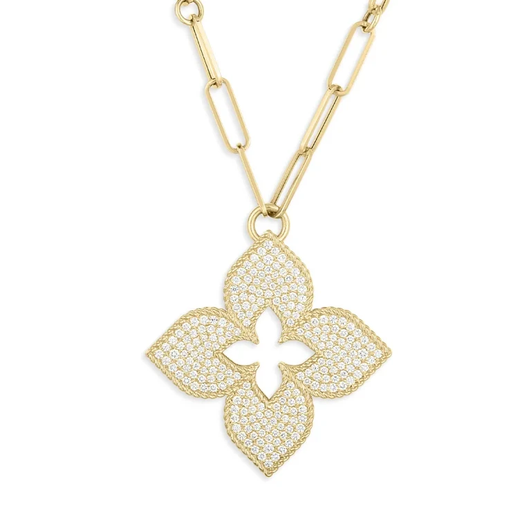 Roberto Coin 18K Yellow Gold Venetian Princess Diamond Pave Flower Pendant Necklace, 33