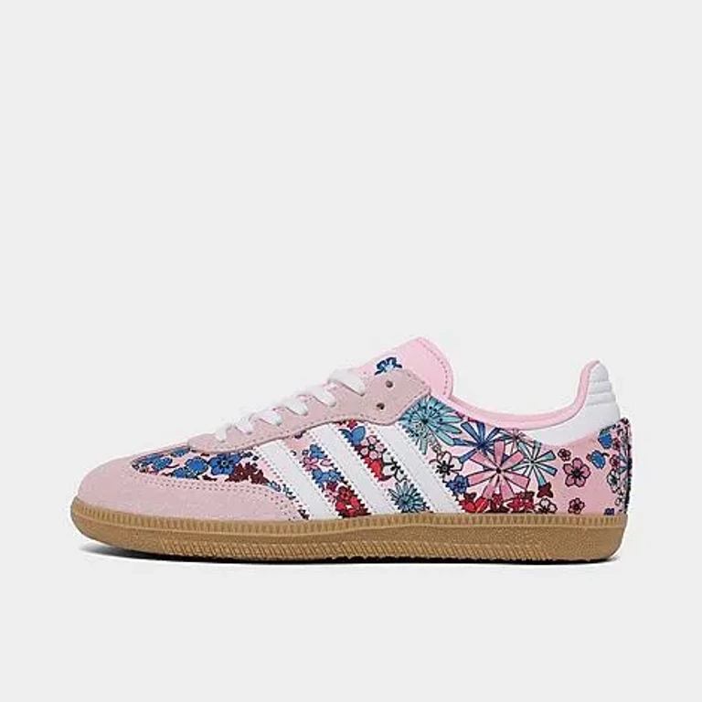 adidas Big Kids Originals x Liberty London Samba OG Casual Shoes in Clear Pink/Footwear White/Gum 3 Size: 3.5