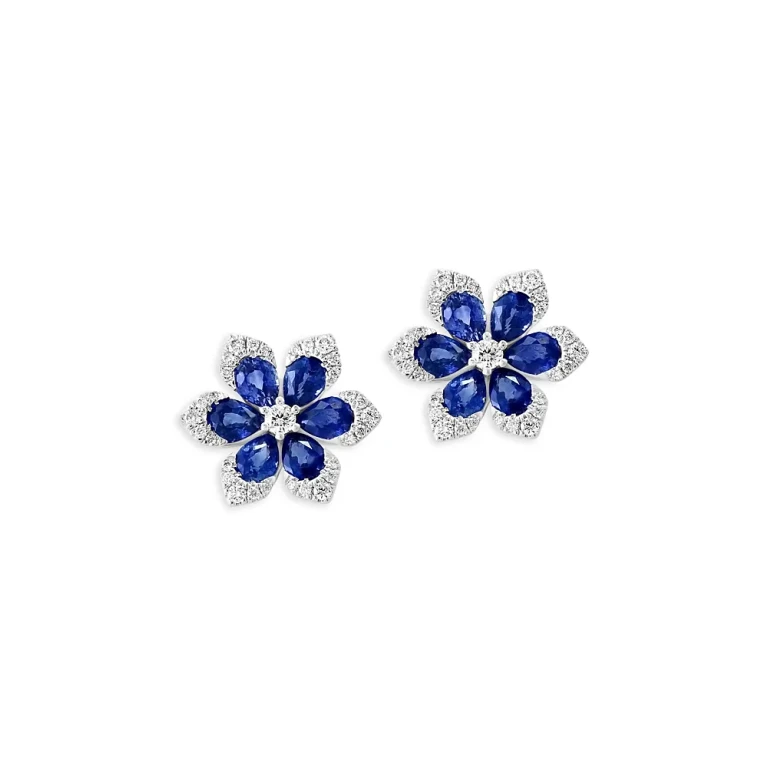 Blue Sapphire & Diamond Flower Stud Earrings in 14K White Gold