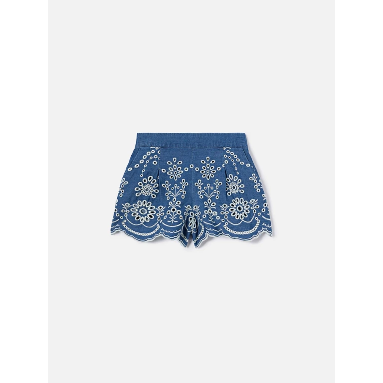 Mc2 Saint Barth Amani Jr Chambray Shorts With Broderie Detailing Blue Pant