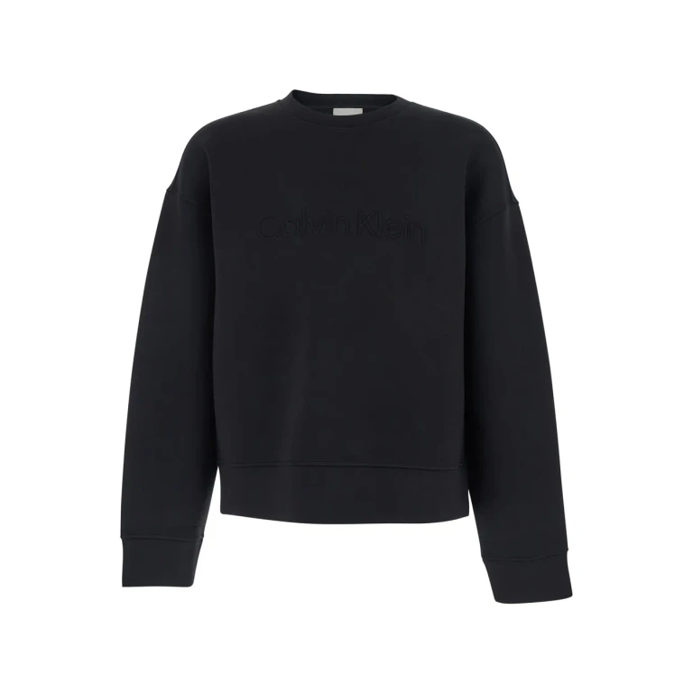 Calvin Klein Black Crewneck Sweatshirt With Tone-on-tone Logo On The Front In Tech Fabric For Men