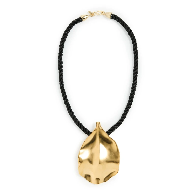 Kenneth Jay Lane Cord and Satin Gold Leaf Pendant Necklace Black/Satin Gold One Size