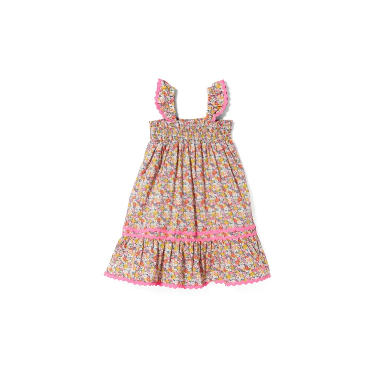 Mc2 Saint Barth Girl Dress With Liberty Flower Print Made Fabric Blue