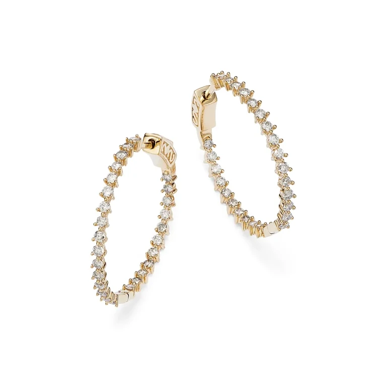 Diamond Inside Out Medium Hoop Earrings in 14K Yellow Gold, 1.50 tcw