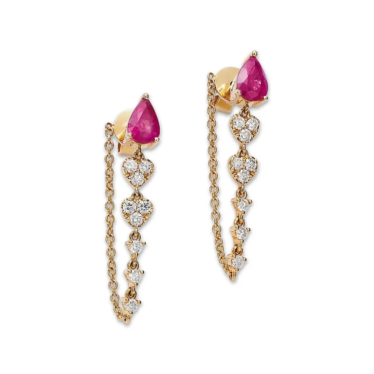 14K Yellow Gold Ruby & Diamond Drop Earrings